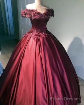 3D Flowers Off Shoulder Ball Gown Satin Dresses