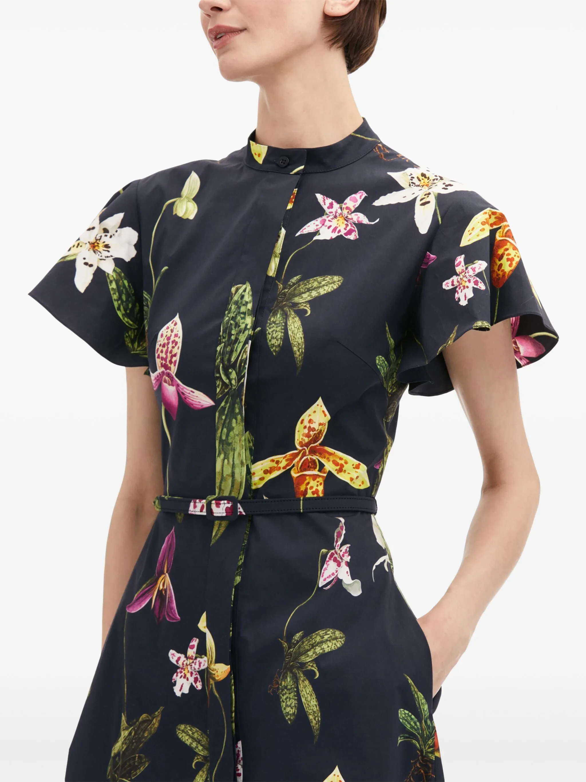 Belted Orchid Print Cotton Poplin Midi Dress