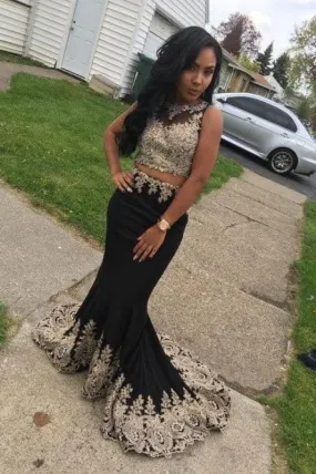 Black Two Piece Sleeveless Mermaid Long Prom Dresses with Lace Appliques