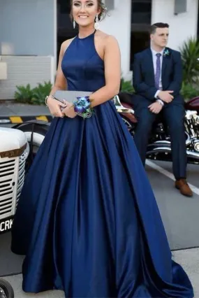 Blue Halter Satin Sleeveless Prom Dress A Line Simple Long Formal Dresses