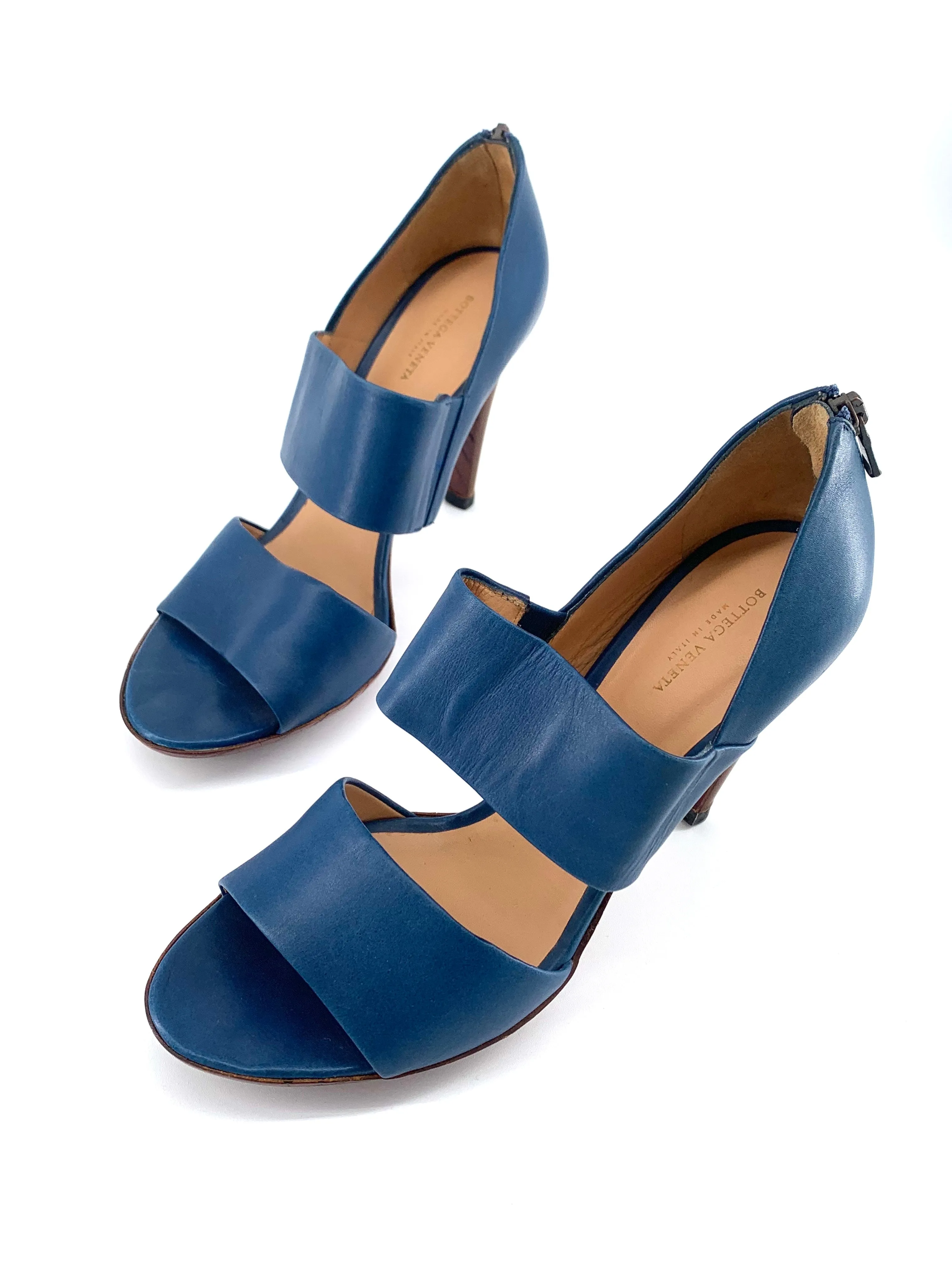Bottega Veneta Blue and Brown Leather Sandal Heels, New