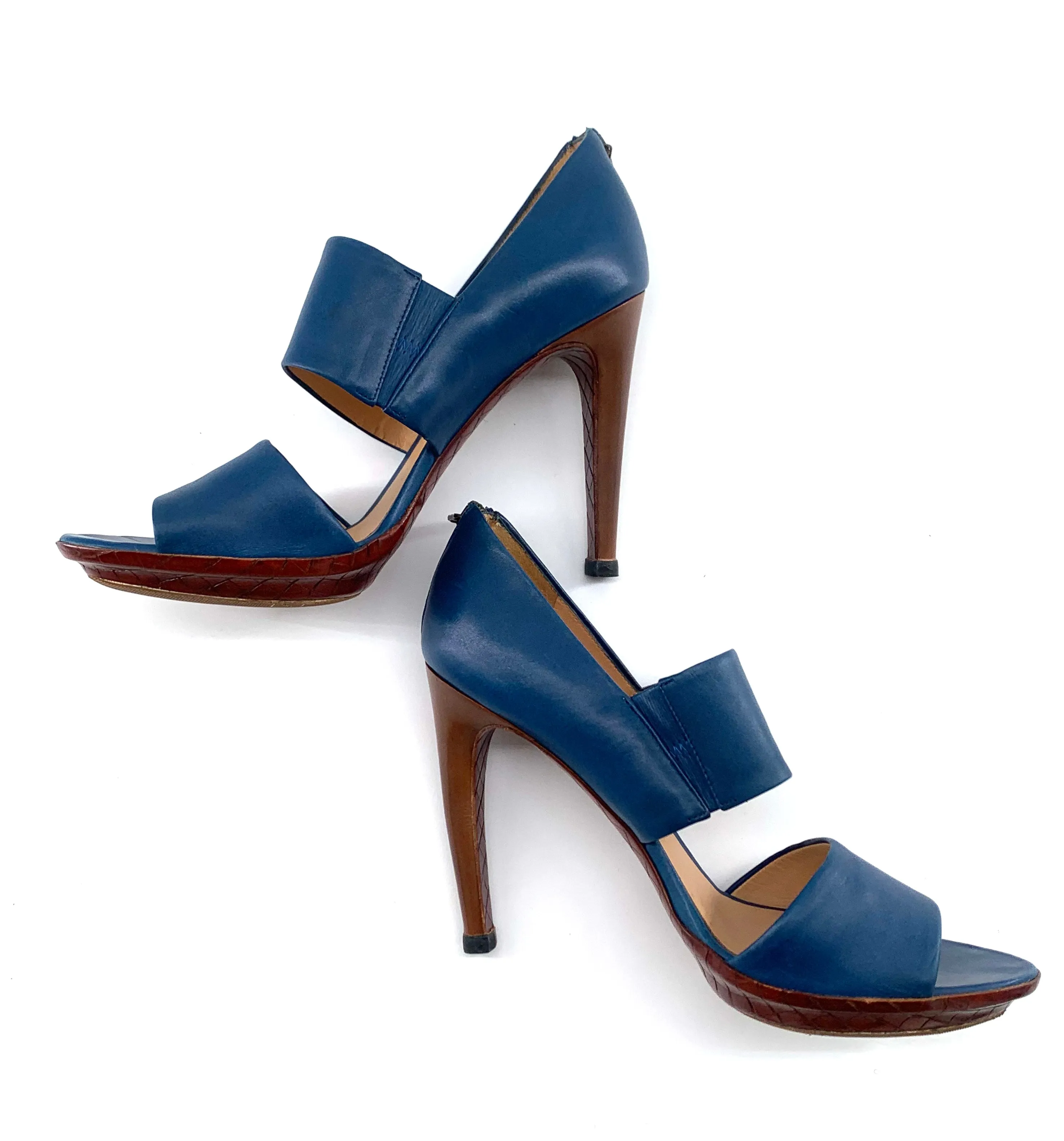 Bottega Veneta Blue and Brown Leather Sandal Heels, New