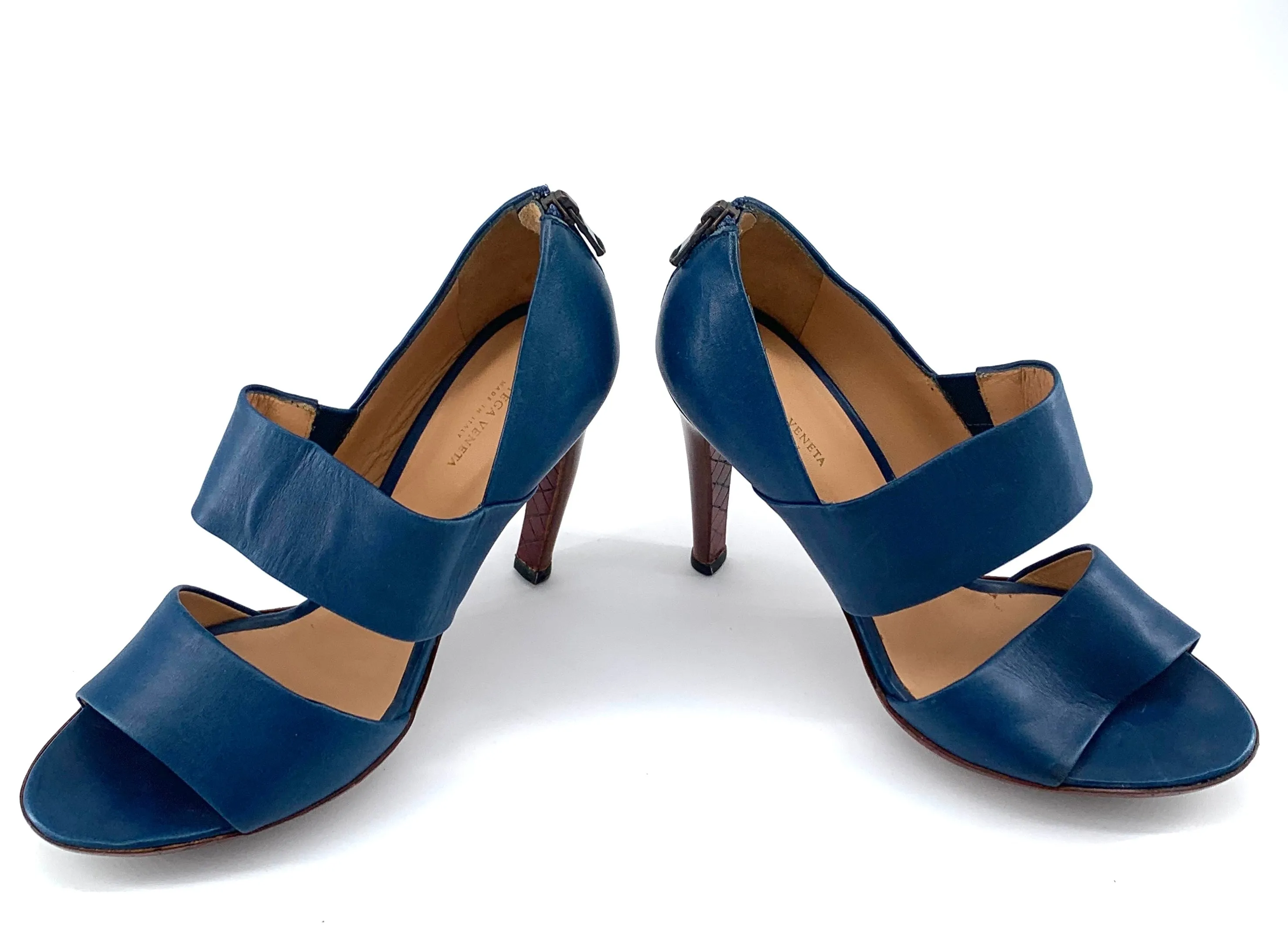 Bottega Veneta Blue and Brown Leather Sandal Heels, New