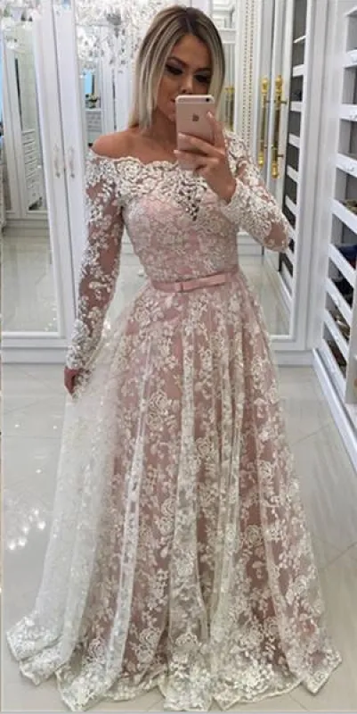 Bridelily A-line Off-shoulder Long Sleeves Floor-length Appliques Sash Prom Dresses