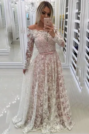 Bridelily A-line Off-shoulder Long Sleeves Floor-length Appliques Sash Prom Dresses