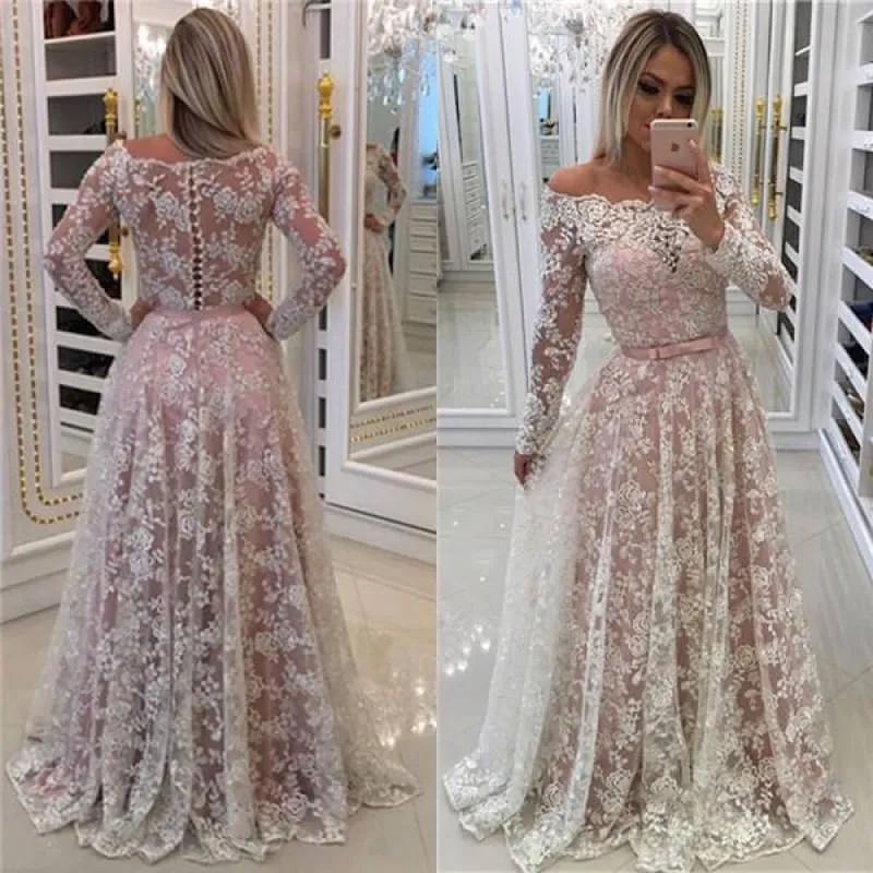 Bridelily A-line Off-shoulder Long Sleeves Floor-length Appliques Sash Prom Dresses