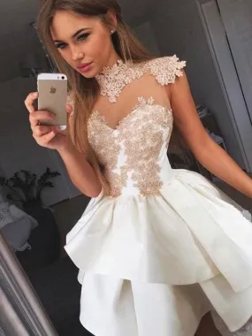 Bridelily A-Line Sleeveless High Neck Satin With Applique Short/Mini Dresses