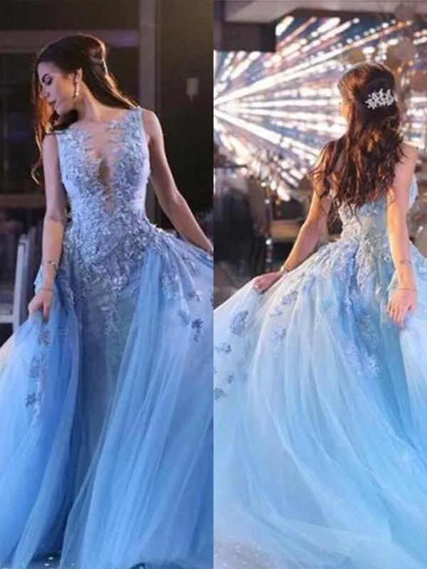 Bridelily Ball Gown Sleeveless Scoop Sweep/Brush Train With Applique Tulle Dresses