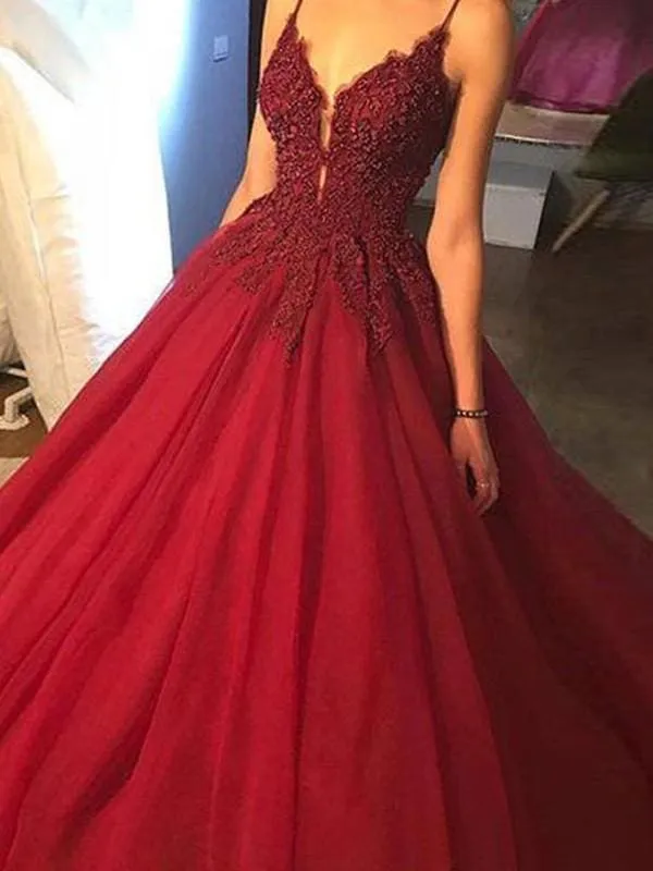 Bridelily Ball Gown Sleeveless Spaghetti Straps Sweep/Brush Train With Applique Tulle Dresses