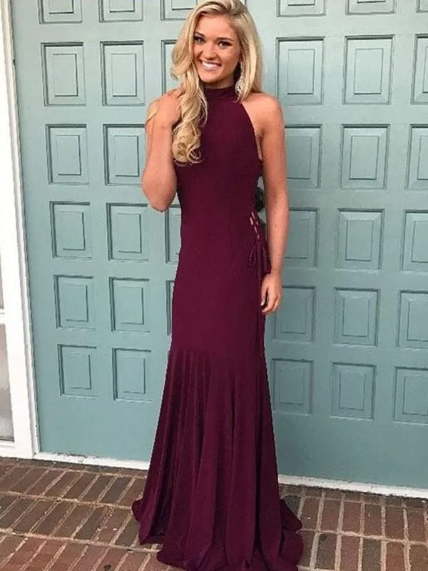Bridelily Mermaid Halter Sleeveless Floor-Length Satin With Ruched Dresses