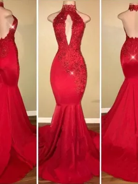 Bridelily Mermaid Halter Sleeveless Sweep/Brush Train With Applique Satin Dresses