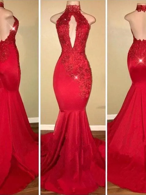 Bridelily Mermaid Halter Sleeveless Sweep/Brush Train With Applique Satin Dresses