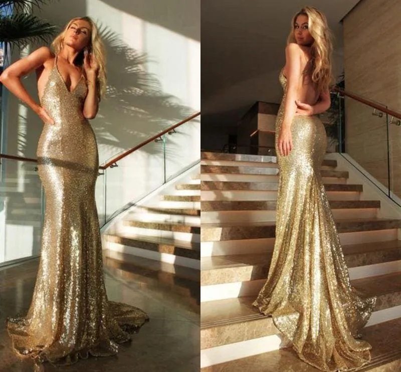 Bridelily Sexy Sequined Mermaid Evening Gowns Gold Backless Halter Party Dresses