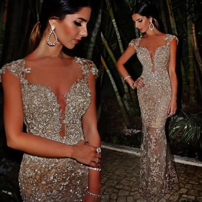 Bridelily Sexy Sheath Evening Dresses 2019 Sparkly Beaded Lace Appliques Evening Prom Dress For Summer