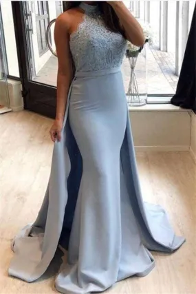 Bridelily Sexy Sheath High-Neck Prom Dresses | Lace Sleeveless Eveniing Dresses with Detachable Skirt