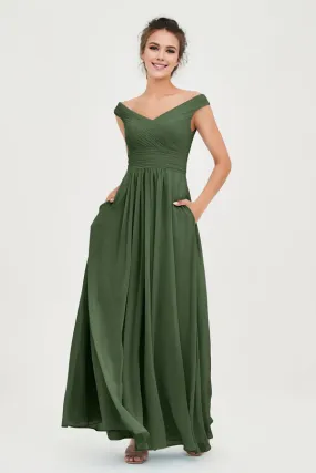 Elegant Wedding Guest Dresses Off Shoulder Olive-Green Bridesmaid Gown with Pocket