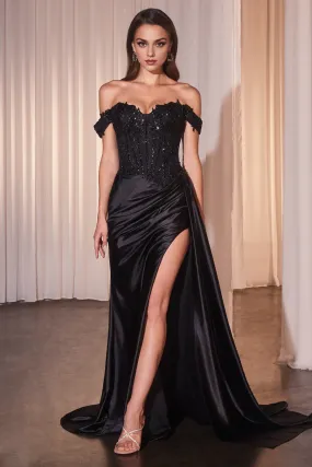 Fashion Prom Dresses Applique Off Shoulder Slit Gown Evening Dress