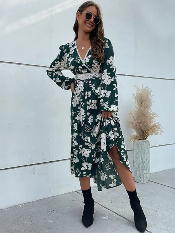 Floral Surplice V Neck Long Sleeve Dress