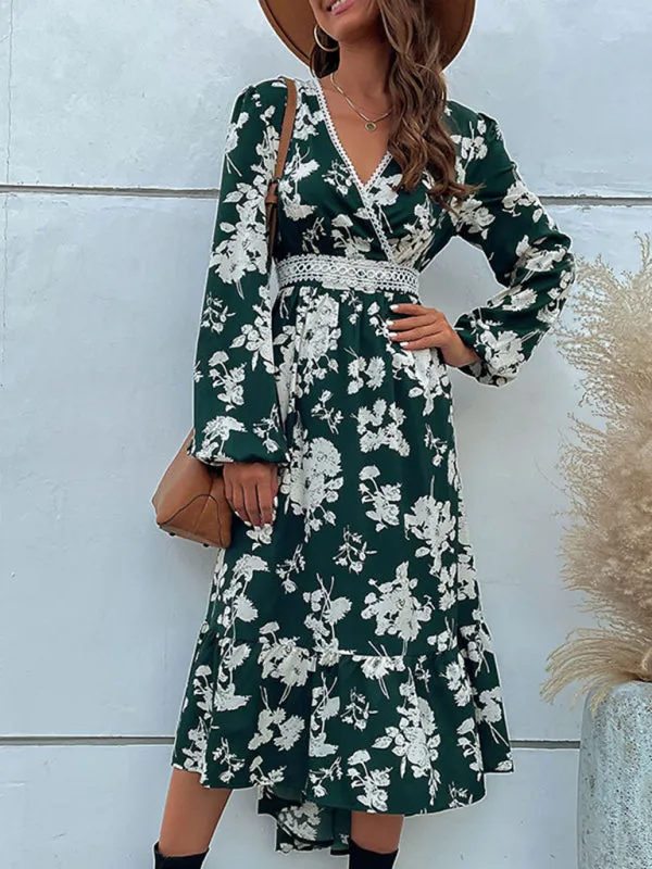 Floral Surplice V Neck Long Sleeve Dress
