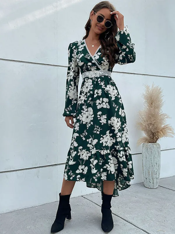 Floral Surplice V Neck Long Sleeve Dress