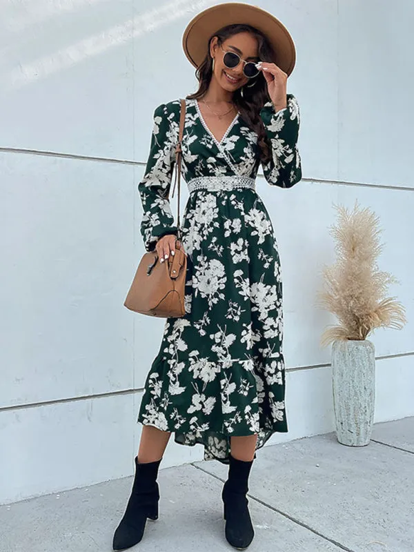 Floral Surplice V Neck Long Sleeve Dress