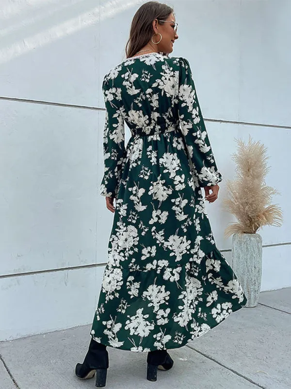 Floral Surplice V Neck Long Sleeve Dress