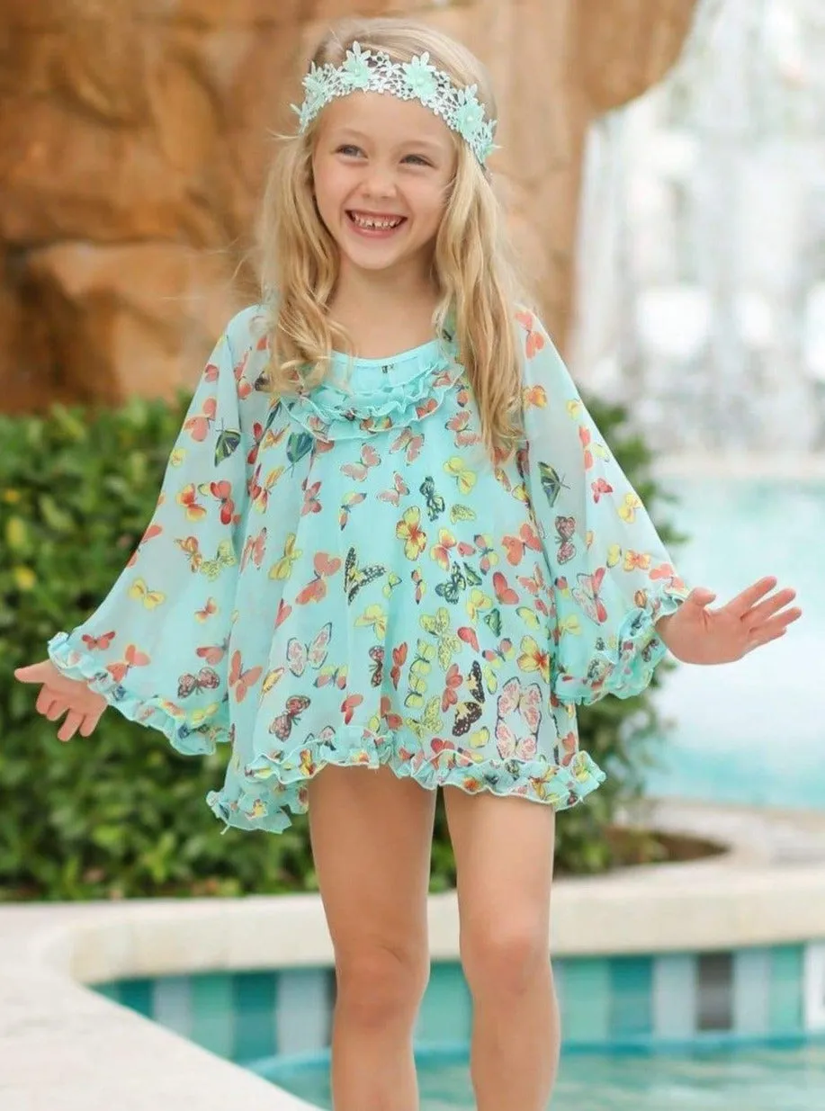 Girls Be A Butterfly One Piece Swimsuit with Matching Cover Up