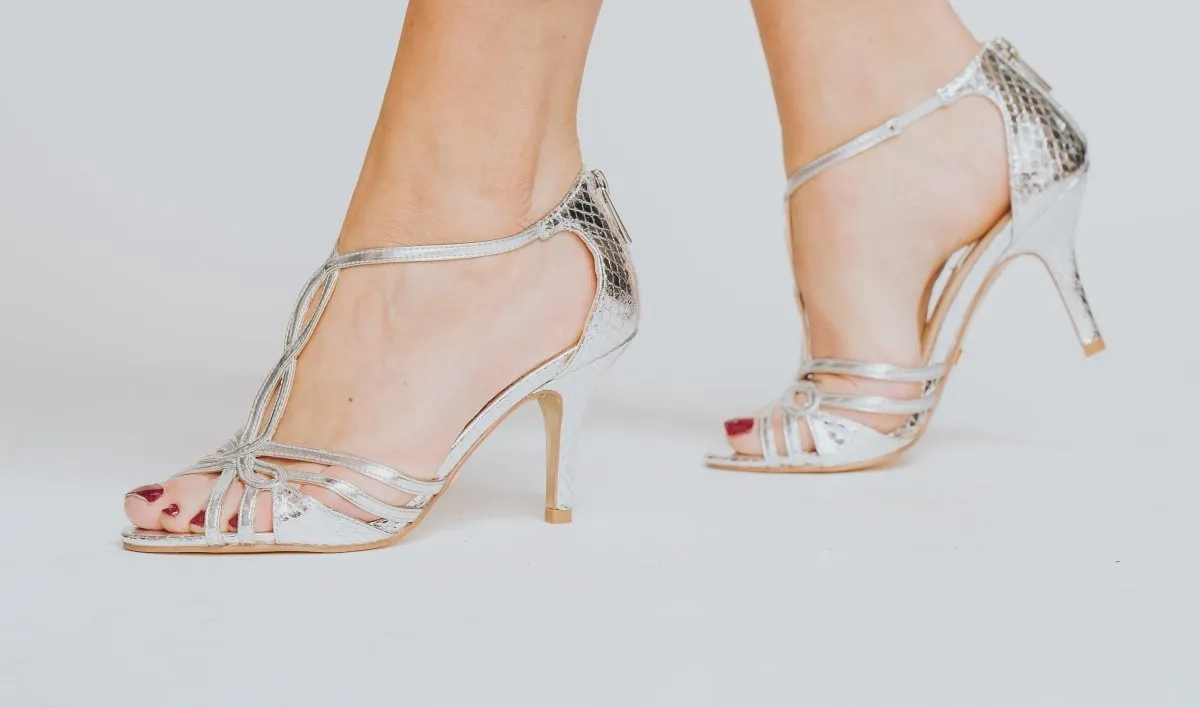 Glamour Silver T Bar Mid Heel Sandals
