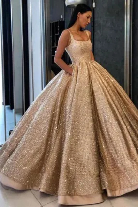 Gold Ball Gown Sequined Prom Dress with Pockets Long Square Quinceanera Dresses