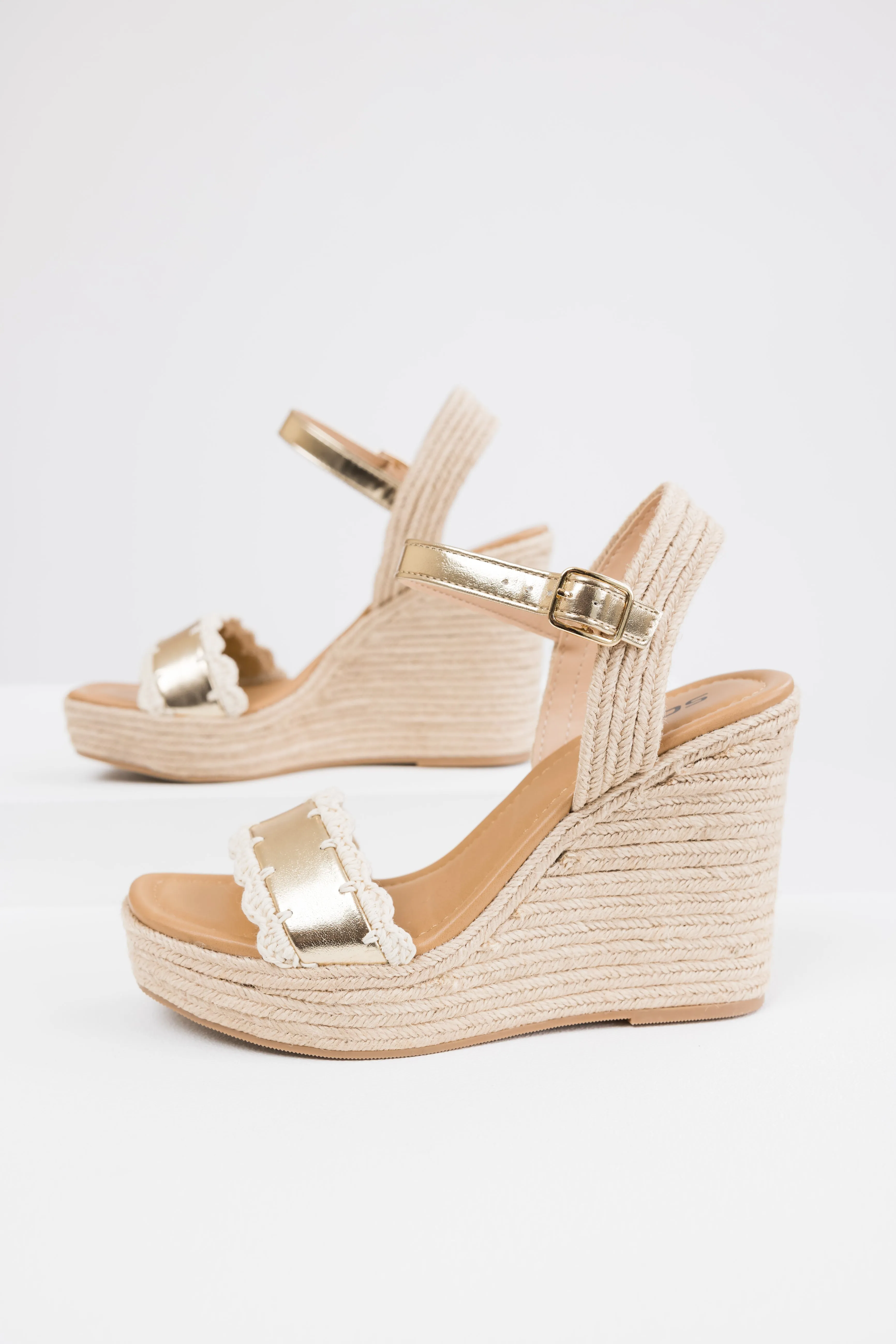 Gold Crochet Trim Strap Espadrille Wedges
