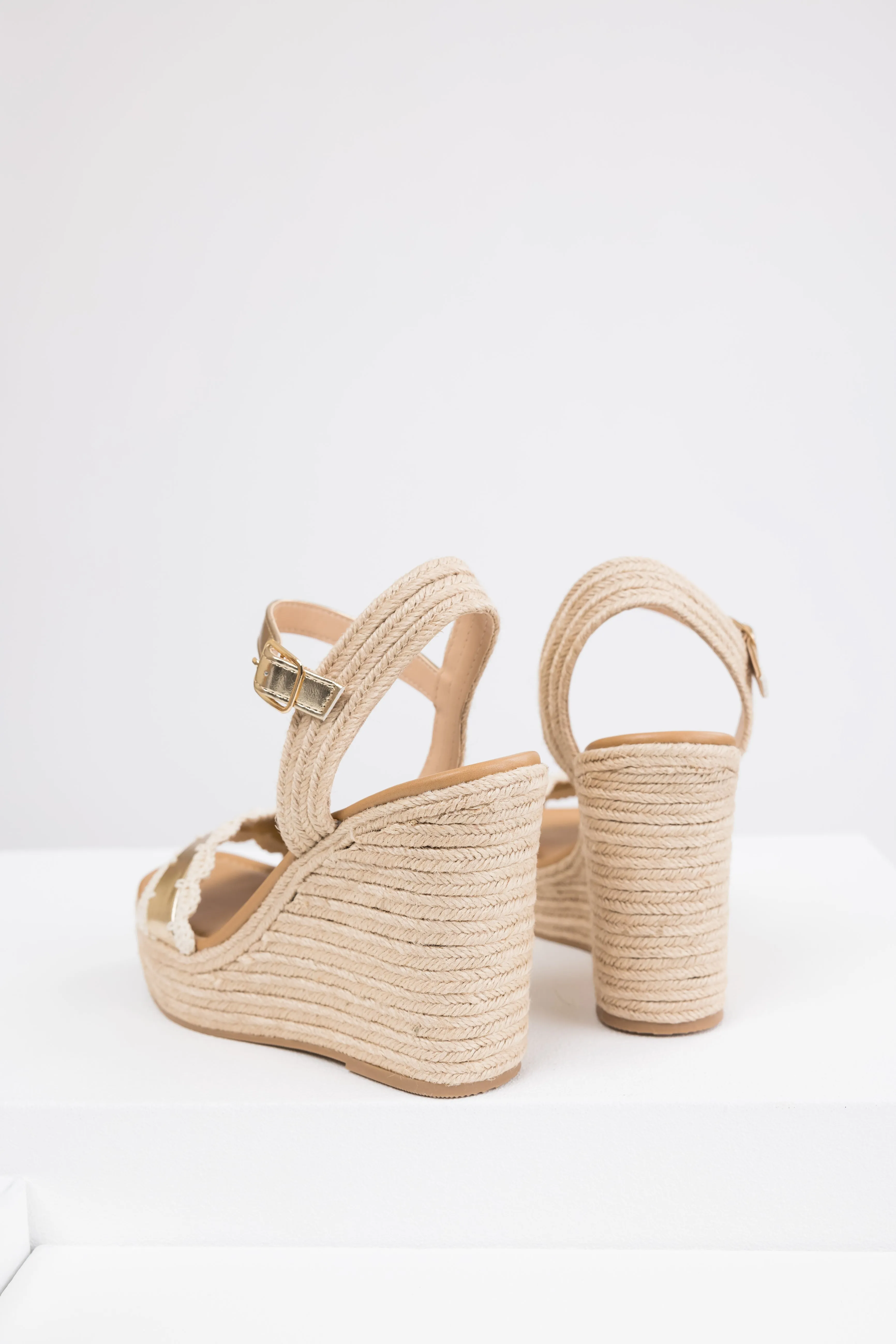 Gold Crochet Trim Strap Espadrille Wedges