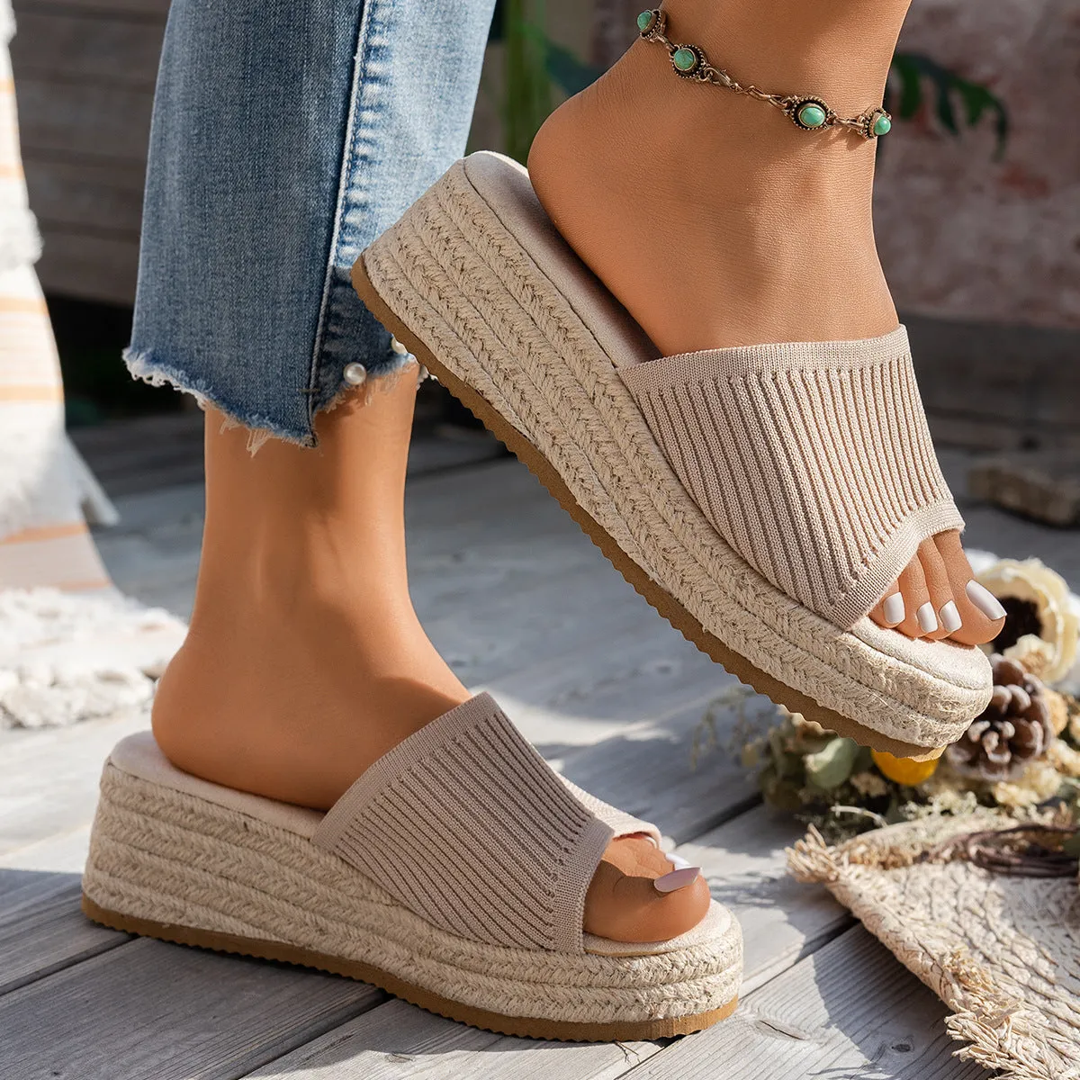 Open Toe Wedge Knit Sandals