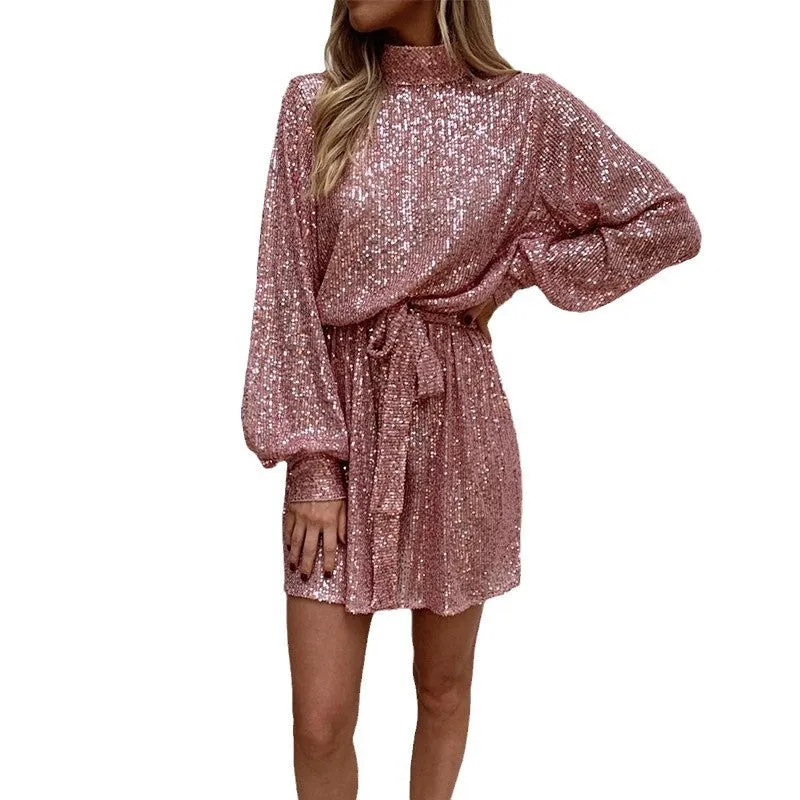 Tie Waist Long Sleeve Sequined Open Back Dress Wholesale Womens Dress N3824112000004