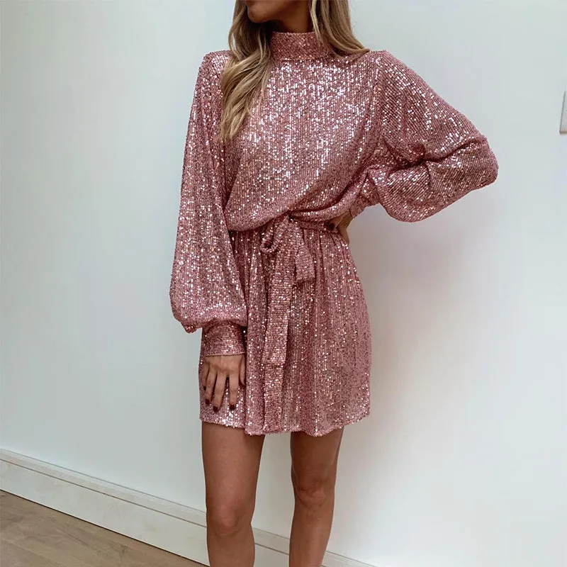 Tie Waist Long Sleeve Sequined Open Back Dress Wholesale Womens Dress N3824112000004