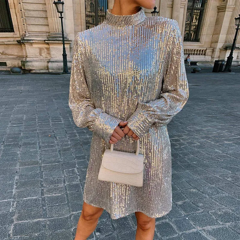 Tie Waist Long Sleeve Sequined Open Back Dress Wholesale Womens Dress N3824112000004