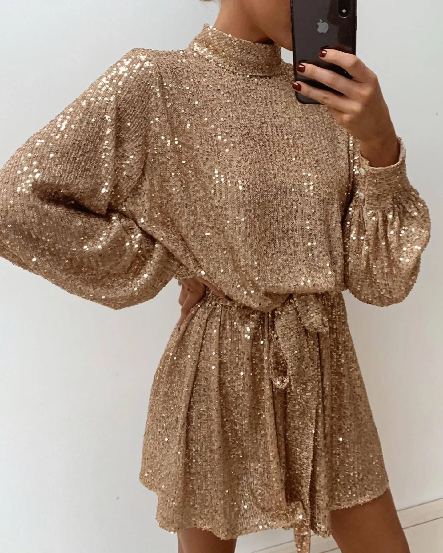 Tie Waist Long Sleeve Sequined Open Back Dress Wholesale Womens Dress N3824112000004