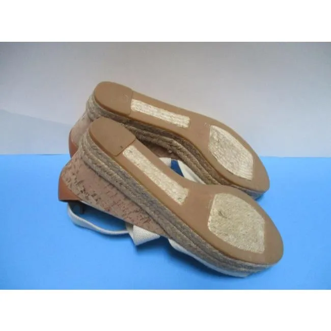 Tory Burch Blue Cream Oatmeal Canvas Slip On Wrap Around Sandals Size Us