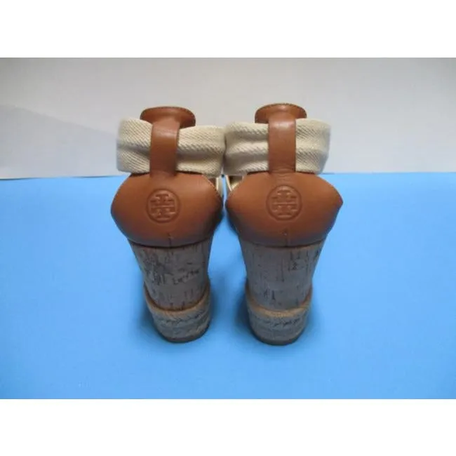 Tory Burch Blue Cream Oatmeal Canvas Slip On Wrap Around Sandals Size Us