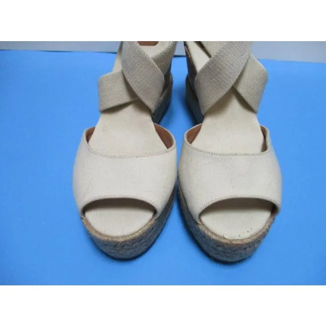 Tory Burch Blue Cream Oatmeal Canvas Slip On Wrap Around Sandals Size Us