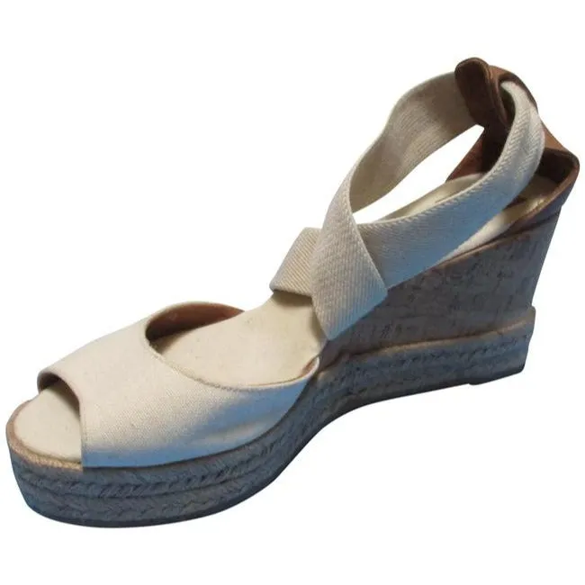Tory Burch Blue Cream Oatmeal Canvas Slip On Wrap Around Sandals Size Us