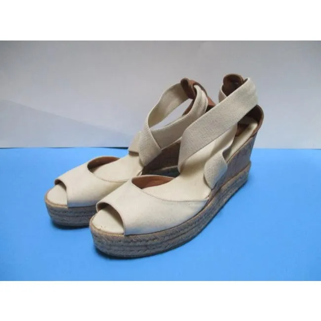 Tory Burch Blue Cream Oatmeal Canvas Slip On Wrap Around Sandals Size Us