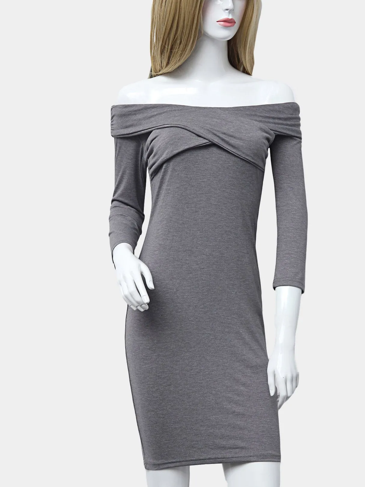 Wholesale Grey V-Neck Long Sleeve Plain Bodycon Hem Dresses