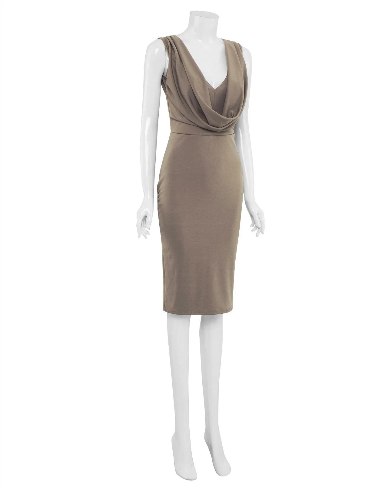 Wholesale Khaki V-Neck Drape Sagging Sleeveless Plain Pleated Midi Dress