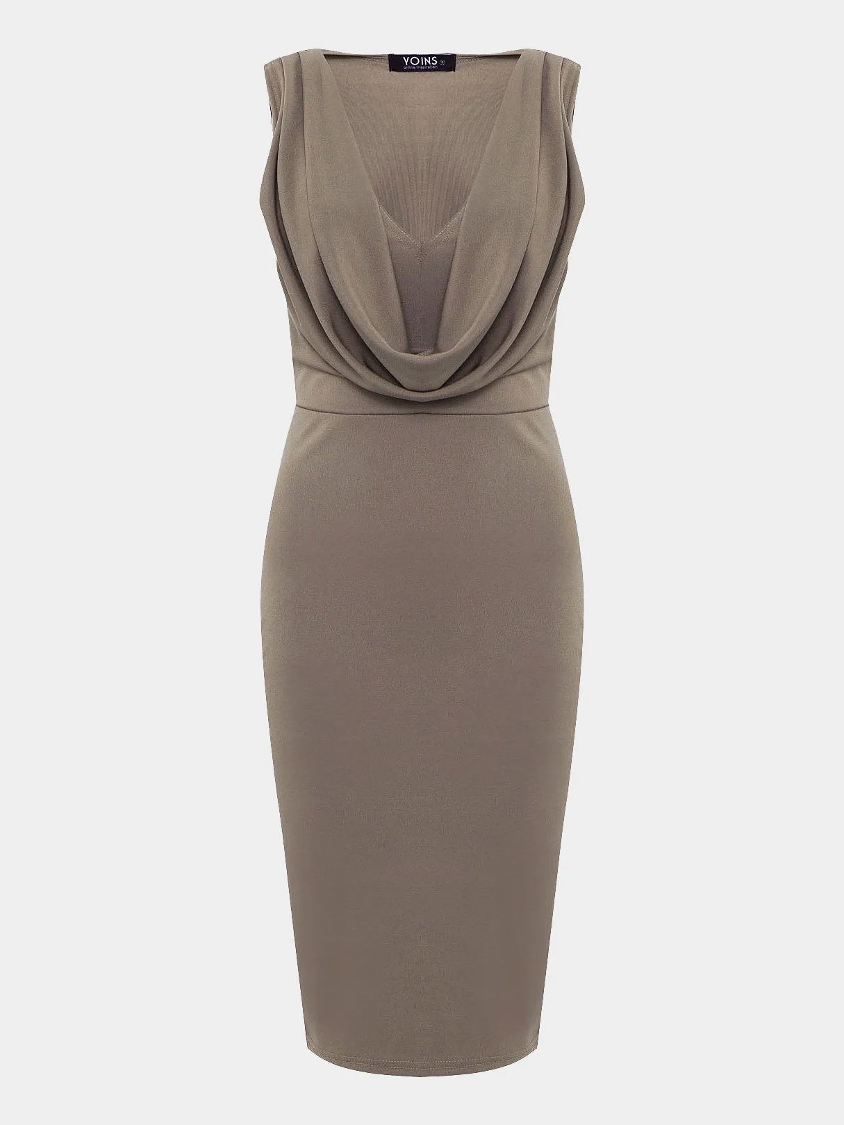 Wholesale Khaki V-Neck Drape Sagging Sleeveless Plain Pleated Midi Dress