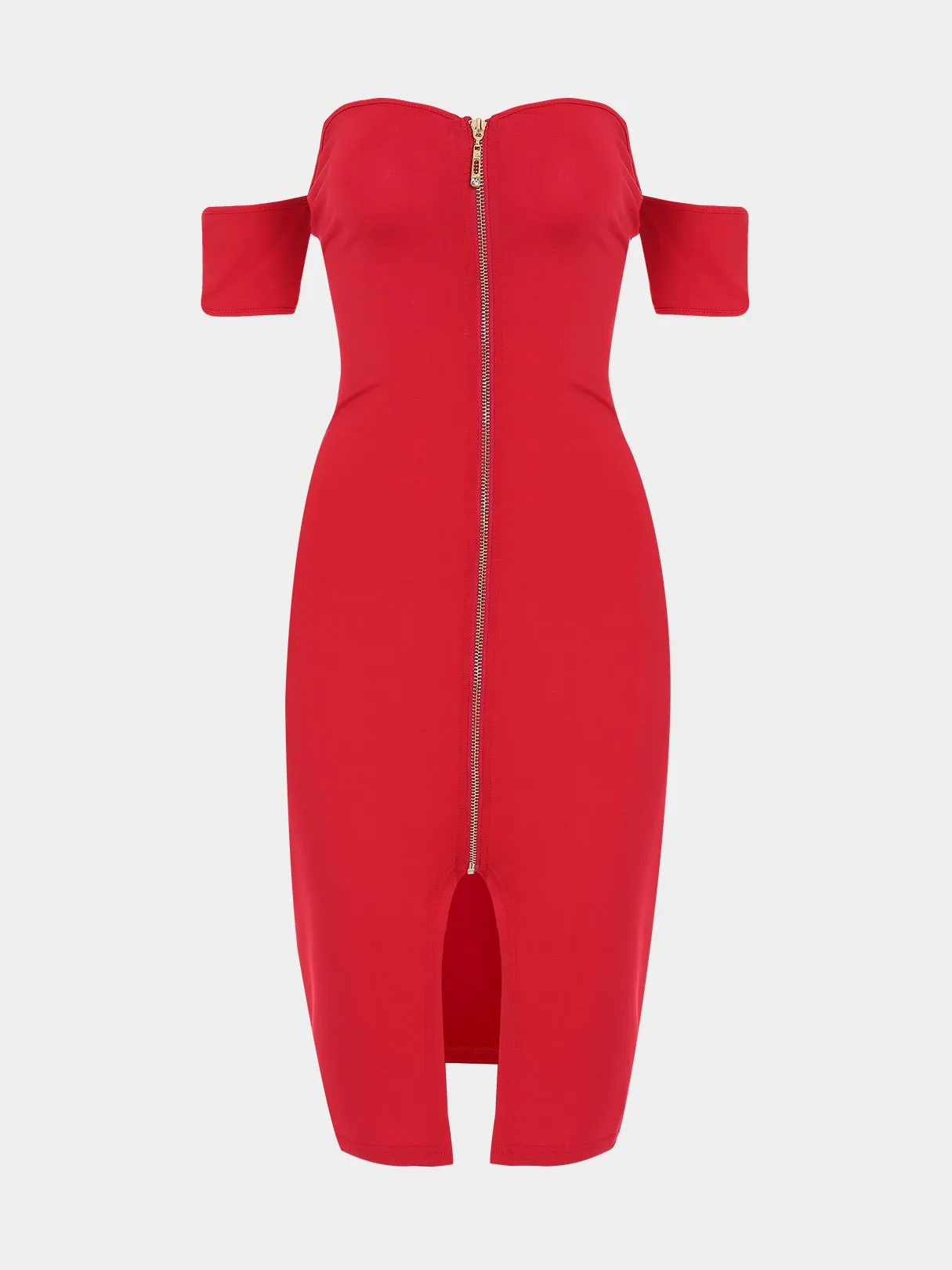 Wholesale Off The Shoulder Zip Back Short Sleeve Slit Hem Red Dresses