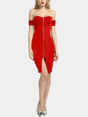 Wholesale Off The Shoulder Zip Back Short Sleeve Slit Hem Red Dresses